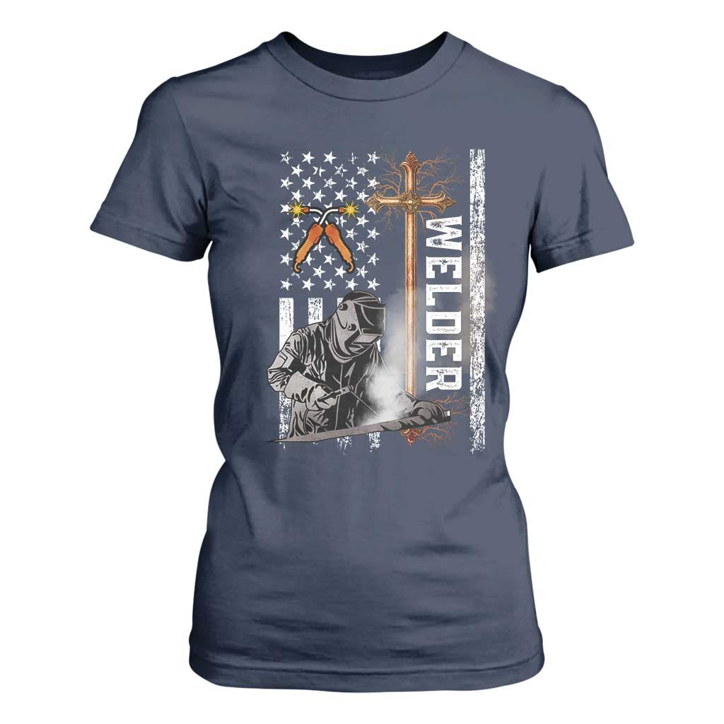 American Welder T Shirt For Women Welding USA Flag Christian Cross TS02 Navy Print Your Wear