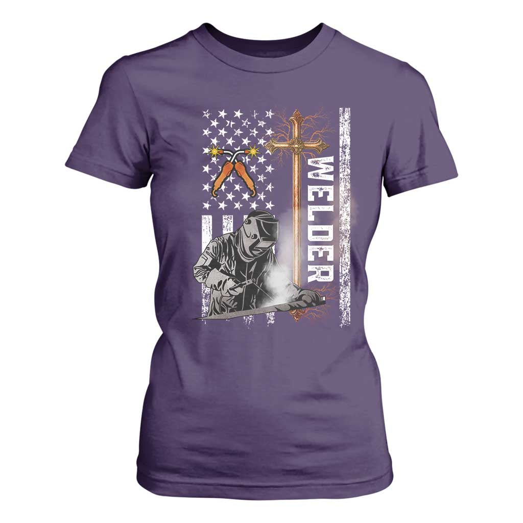 American Welder T Shirt For Women Welding USA Flag Christian Cross TS02 Purple Print Your Wear