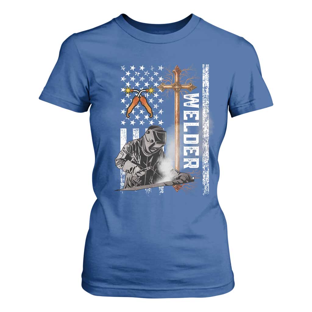 American Welder T Shirt For Women Welding USA Flag Christian Cross TS02 Royal Blue Print Your Wear