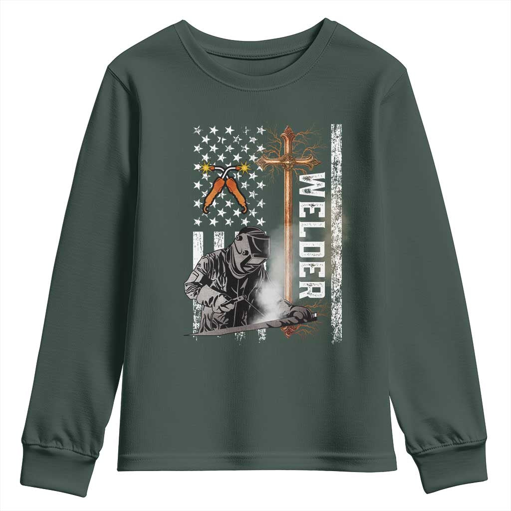 American Welder Youth Sweatshirt Welding USA Flag Christian Cross TS02 Dark Forest Green Print Your Wear
