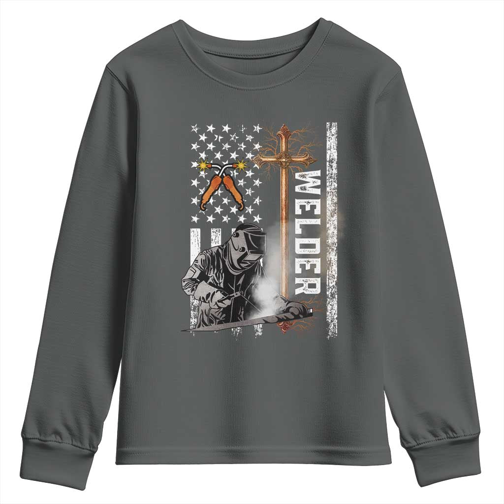American Welder Youth Sweatshirt Welding USA Flag Christian Cross TS02 Dark Heather Print Your Wear