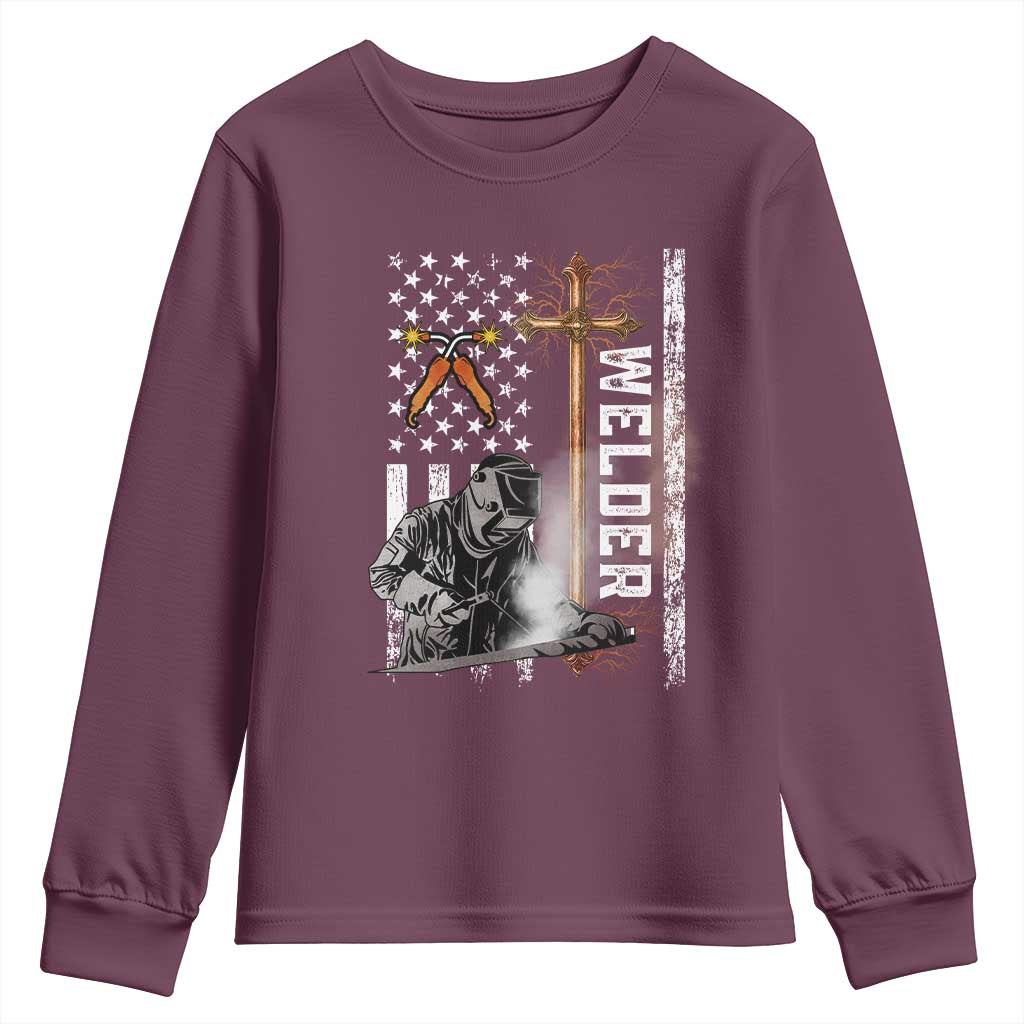 American Welder Youth Sweatshirt Welding USA Flag Christian Cross TS02 Maroon Print Your Wear