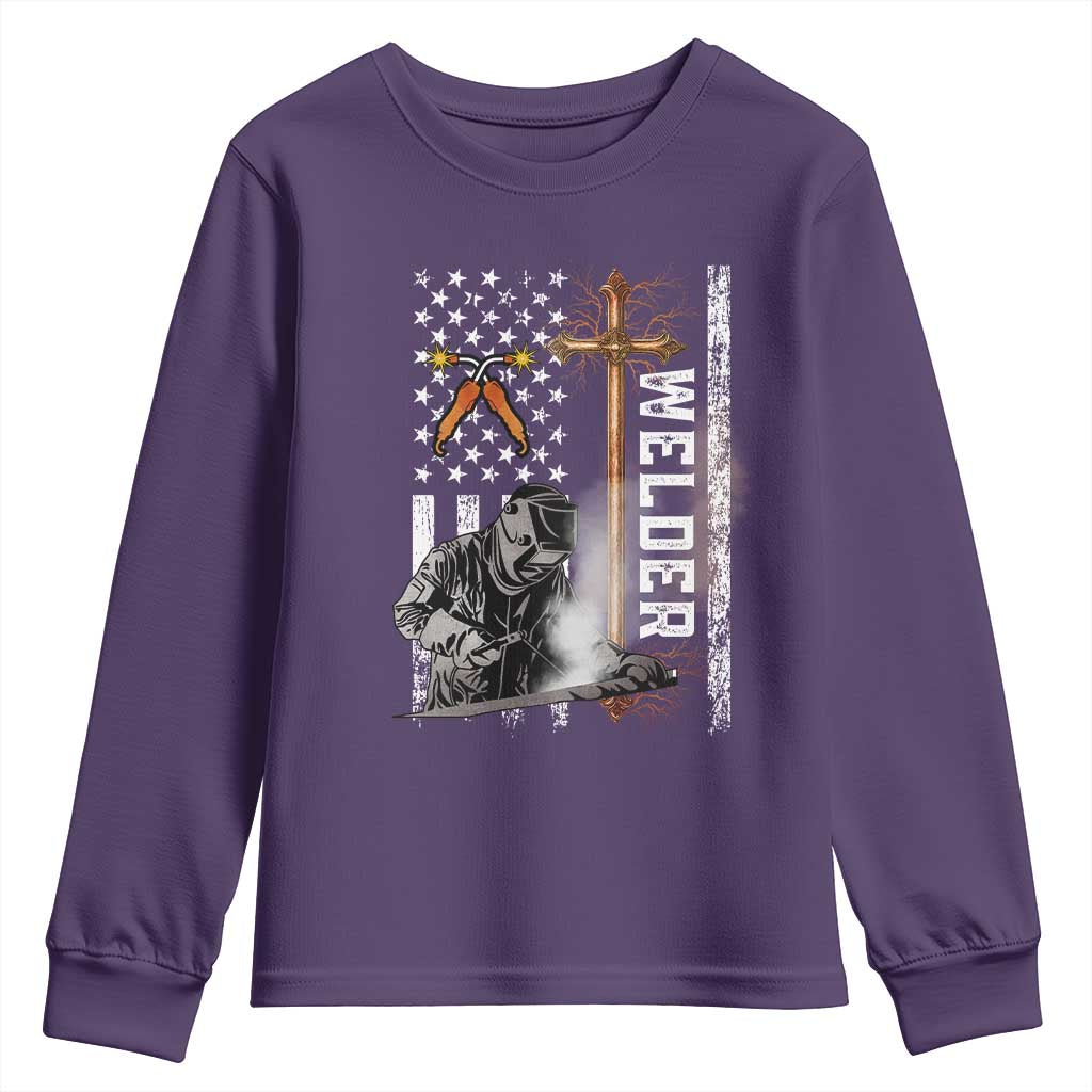 American Welder Youth Sweatshirt Welding USA Flag Christian Cross TS02 Purple Print Your Wear