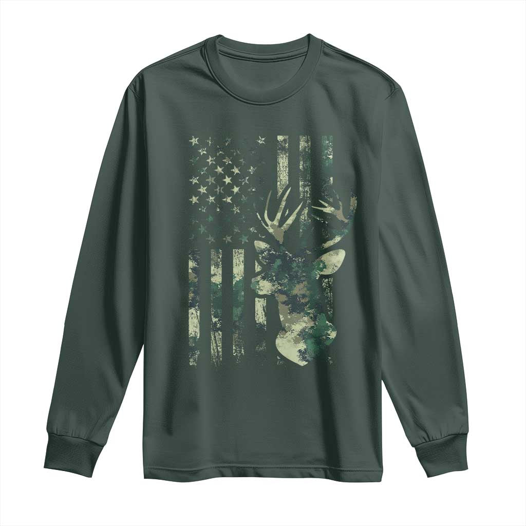 Deer Hunting Camouflage Long Sleeve Shirt Camo US Flag TS02 Dark Forest Green Print Your Wear