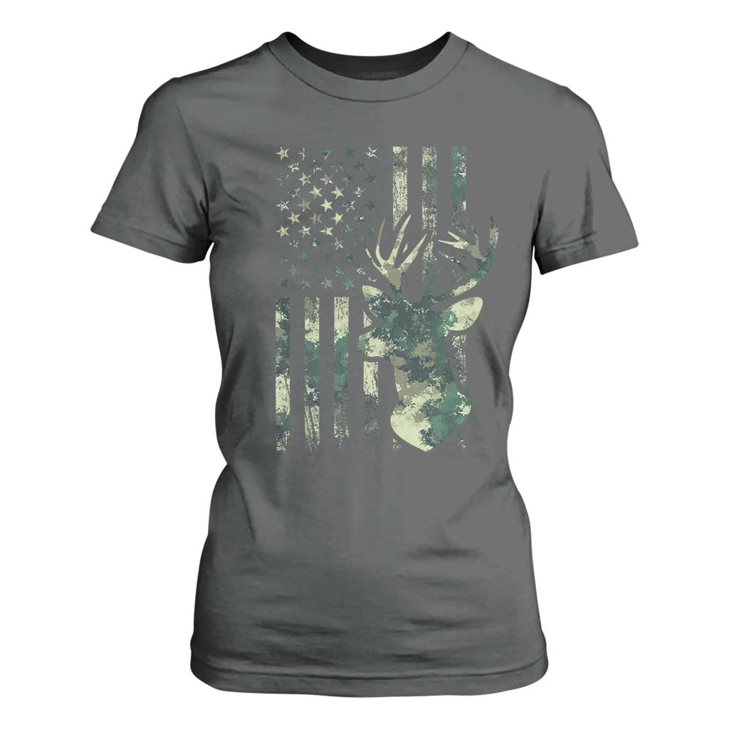 Deer Hunting Camouflage T Shirt For Women Camo US Flag TS02 Dark Heather Print Your Wear