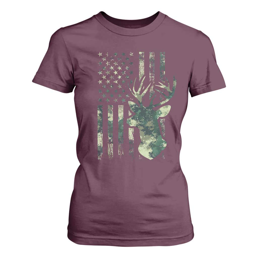 Deer Hunting Camouflage T Shirt For Women Camo US Flag TS02 Maroon Print Your Wear