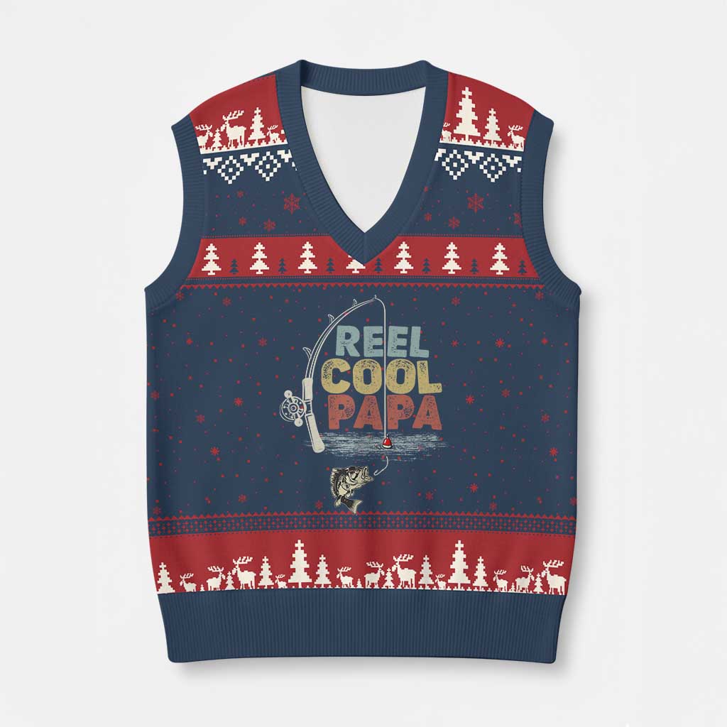 Fishing Dad V-Neck Knit Sweater Vest Reel Cool Papa Retro Vintage TS02 Navy Red Print Your Wear