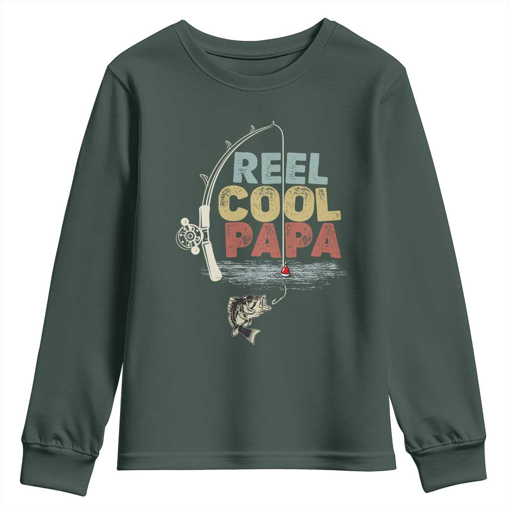 Fishing Dad Youth Sweatshirt Reel Cool Papa Retro Vintage TS02 Dark Forest Green Print Your Wear