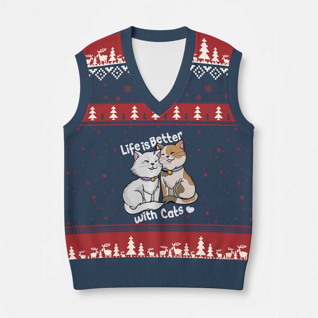 Cat Lover V-Neck Knit Sweater Vest Life Is Better With Cats Cute TS02 Navy Red Print Your Wear