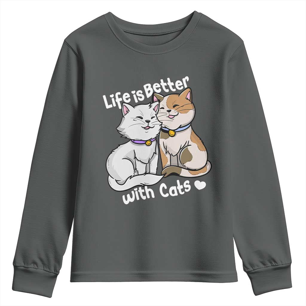 Cat Lover Youth Sweatshirt Life Is Better With Cats Cute TS02 Dark Heather Print Your Wear