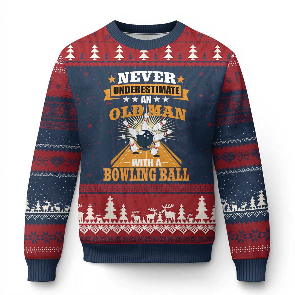 Funny Bowling Ugly Christmas Sweater Never Underestimate Old Man Bowling Ball Mens Bowler TS02 Navy Red Print Your Wear