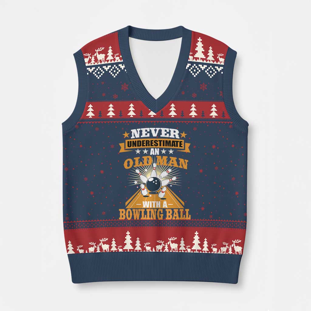 Funny Bowling V-Neck Knit Sweater Vest Never Underestimate Old Man Bowling Ball Mens Bowler TS02 Navy Red Print Your Wear