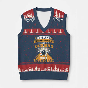 Funny Bowling V-Neck Knit Sweater Vest Never Underestimate Old Man Bowling Ball Mens Bowler TS02 Navy Red Print Your Wear