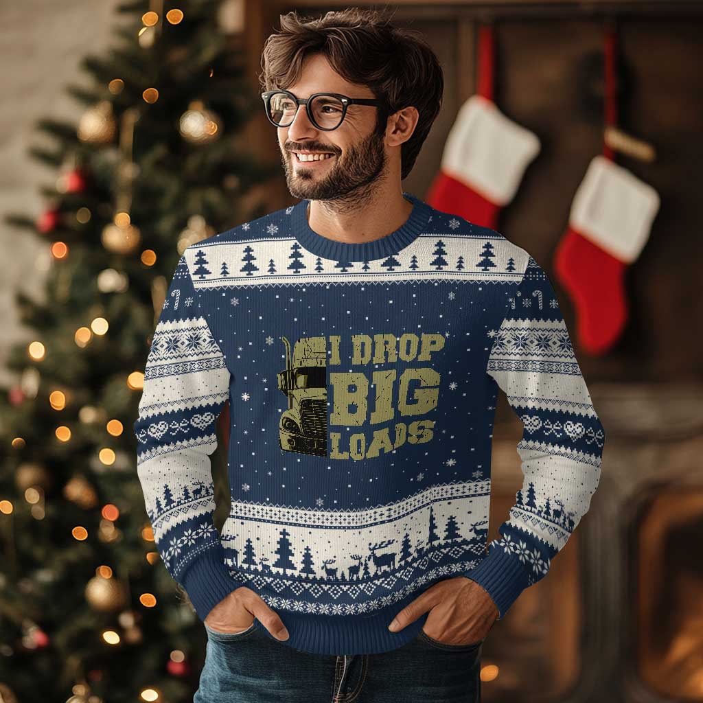 Funny Truck Driver Ugly Christmas Sweater I Drop Big Load Funny Big Rig Semi-Trailer Dad TS02 Navy Beige Print Your Wear