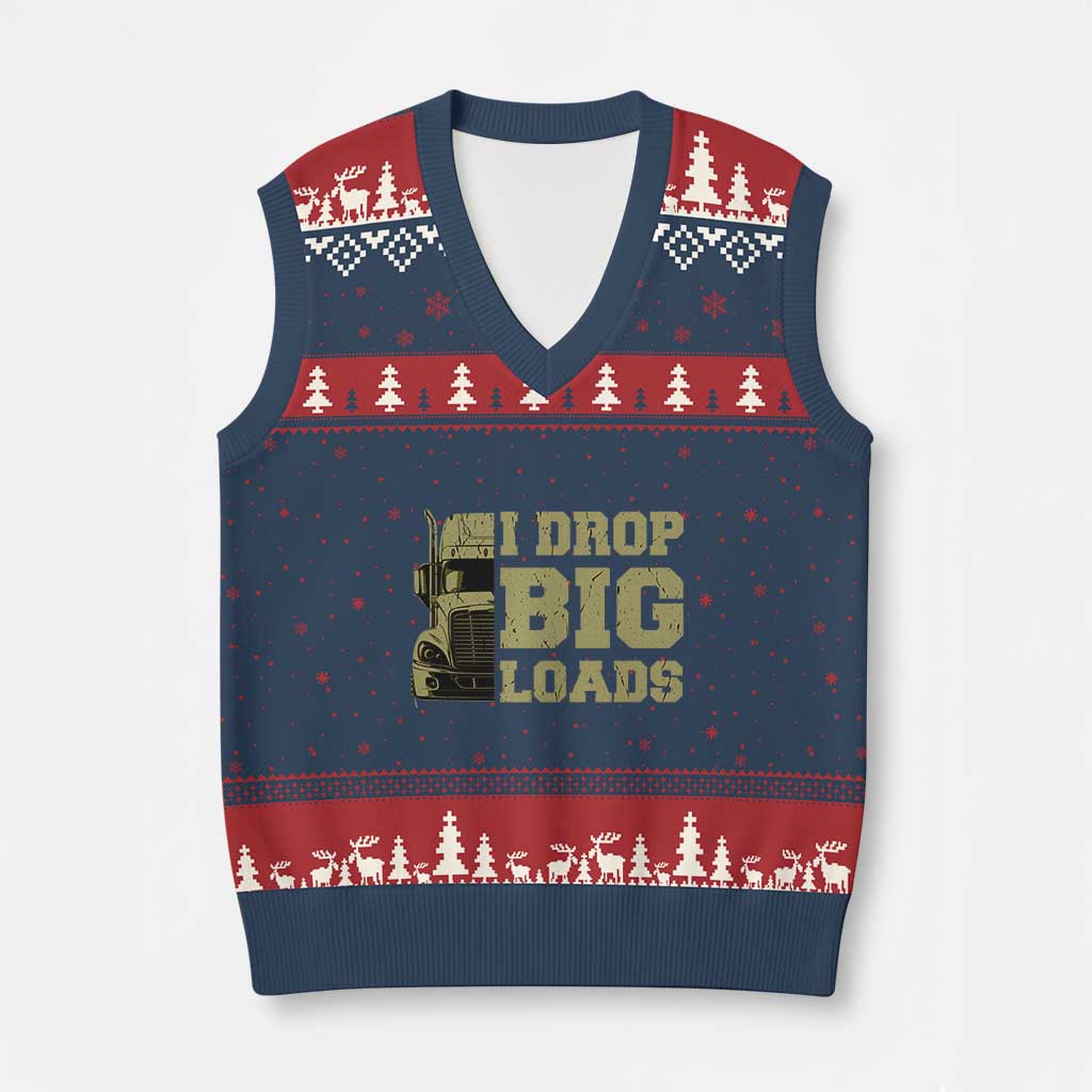 Funny Truck Driver V-Neck Knit Sweater Vest I Drop Big Load Funny Big Rig Semi-Trailer Dad TS02 Navy Red Print Your Wear