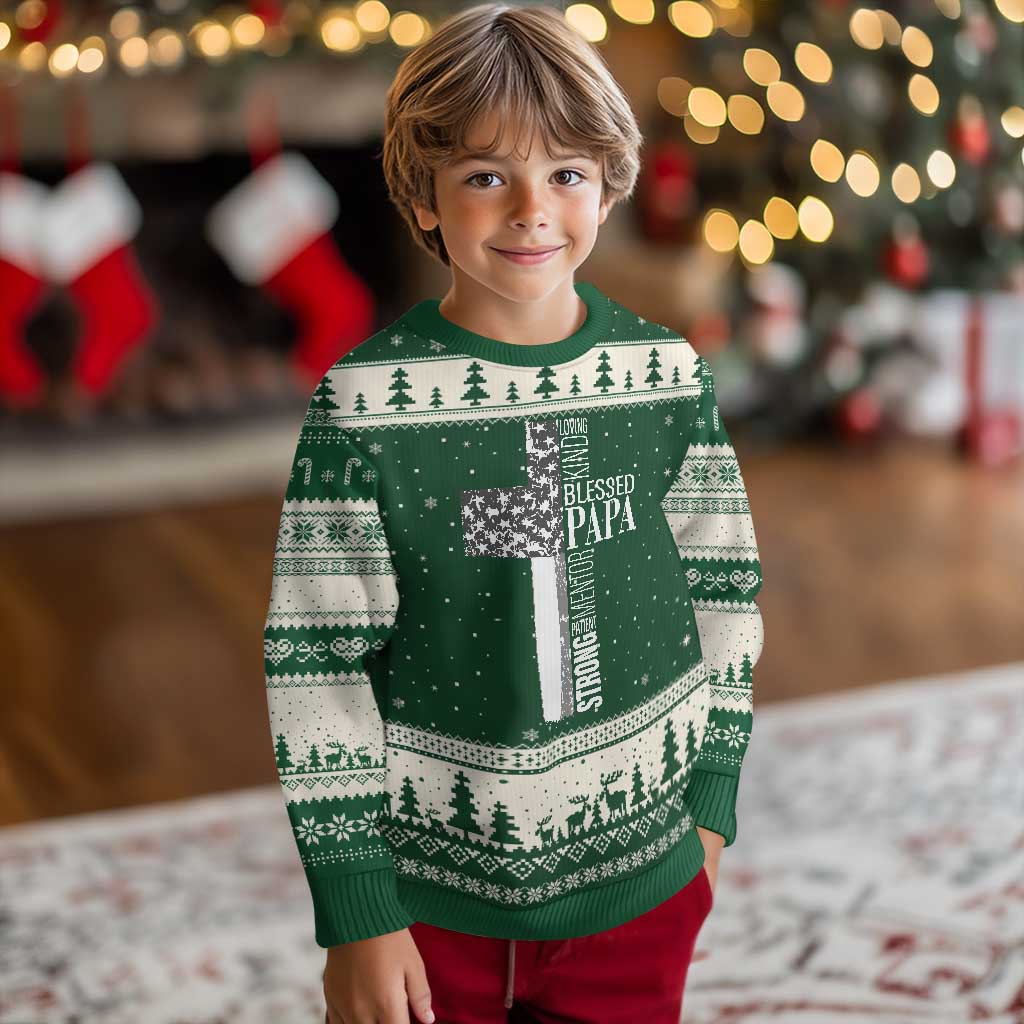 Blessed Papa Christian Cross Ugly Christmas Sweater Faithful Dad Religious American Flag TS02 Forest Green Beige Print Your Wear