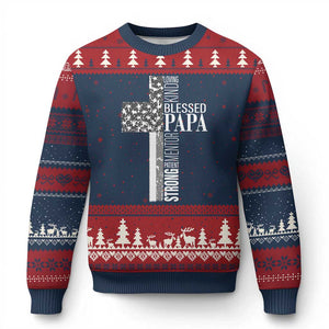 Blessed Papa Christian Cross Ugly Christmas Sweater Faithful Dad Religious American Flag TS02 Navy Red Print Your Wear