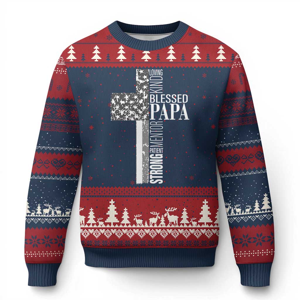 Blessed Papa Christian Cross Ugly Christmas Sweater Faithful Dad Religious American Flag TS02 Navy Red Print Your Wear
