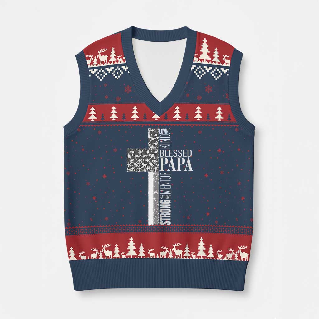 Blessed Papa Christian Cross V-Neck Knit Sweater Vest Faithful Dad Religious American Flag TS02 Navy Red Print Your Wear