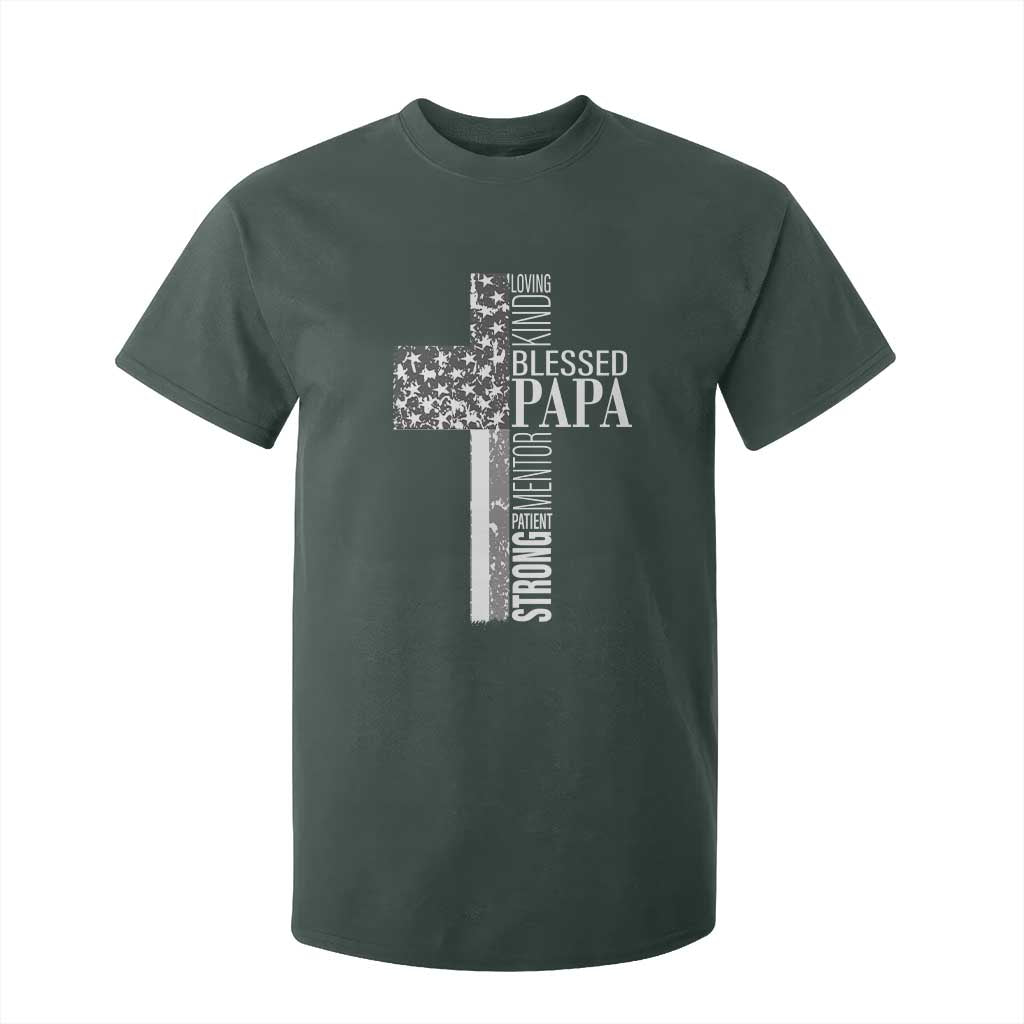 Blessed Papa Christian Cross T Shirt For Kid Faithful Dad Religious American Flag TS02 Dark Forest Green Print Your Wear