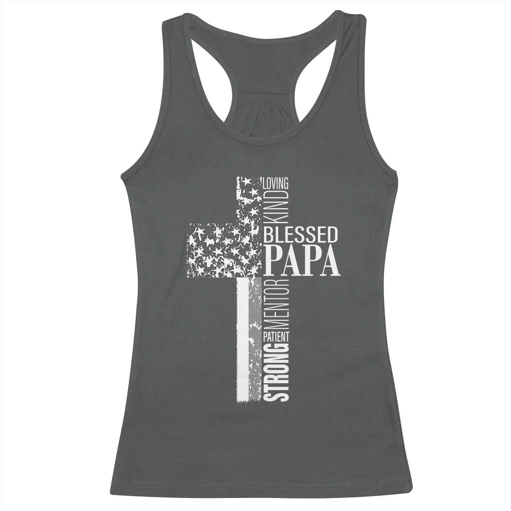 Blessed Papa Christian Cross Racerback Tank Top Faithful Dad Religious American Flag TS02 Dark Heather Print Your Wear