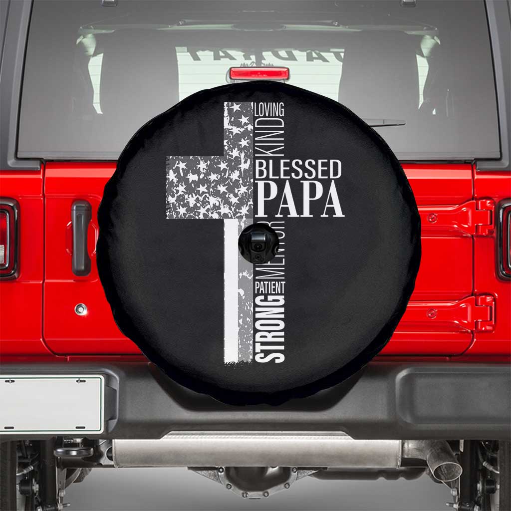 Blessed Papa Christian Cross Spare Tire Cover Faithful Dad Religious American Flag TS02 Black Print Your Wear
