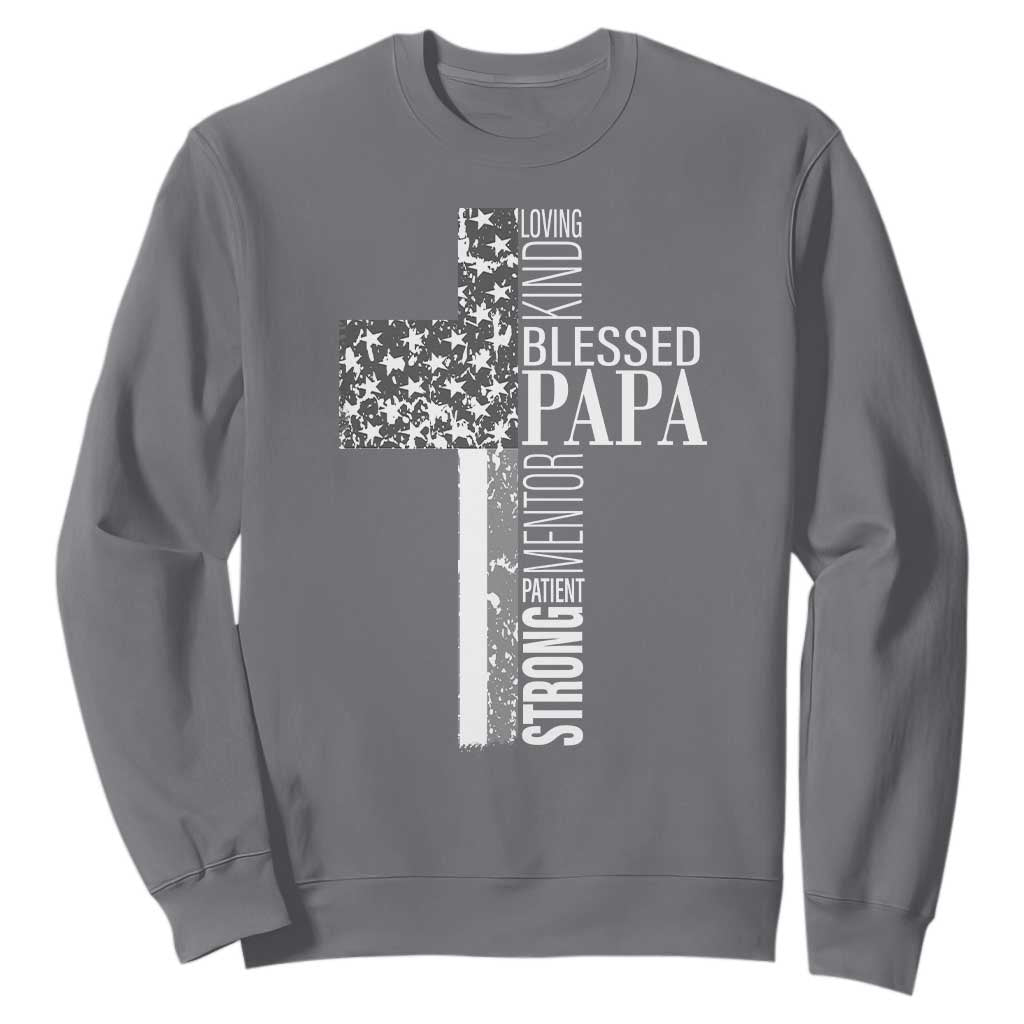 Blessed Papa Christian Cross Sweatshirt Faithful Dad Religious American Flag TS02 Charcoal Print Your Wear