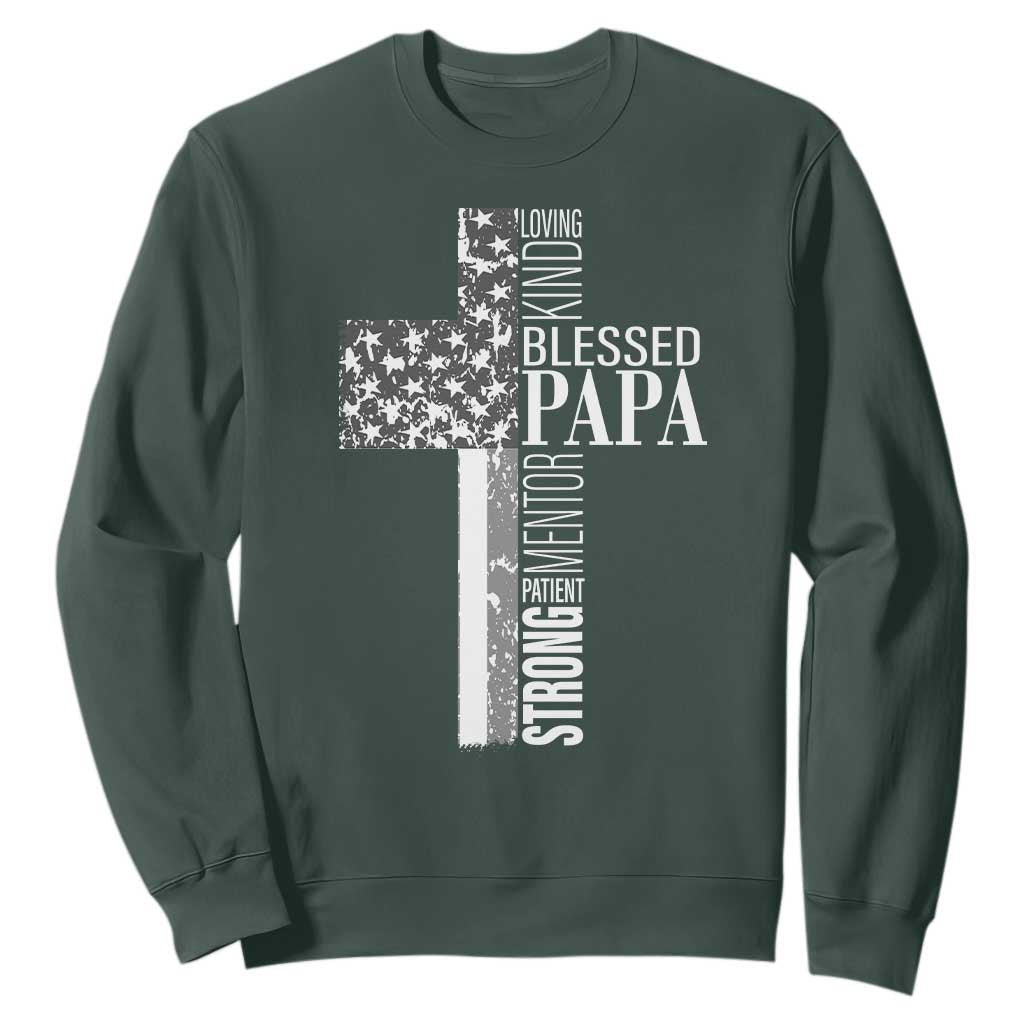 Blessed Papa Christian Cross Sweatshirt Faithful Dad Religious American Flag TS02 Dark Forest Green Print Your Wear