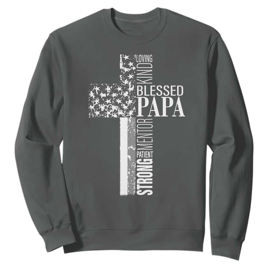 Blessed Papa Christian Cross Sweatshirt Faithful Dad Religious American Flag TS02 Dark Heather Print Your Wear