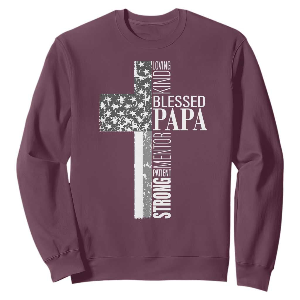 Blessed Papa Christian Cross Sweatshirt Faithful Dad Religious American Flag TS02 Maroon Print Your Wear