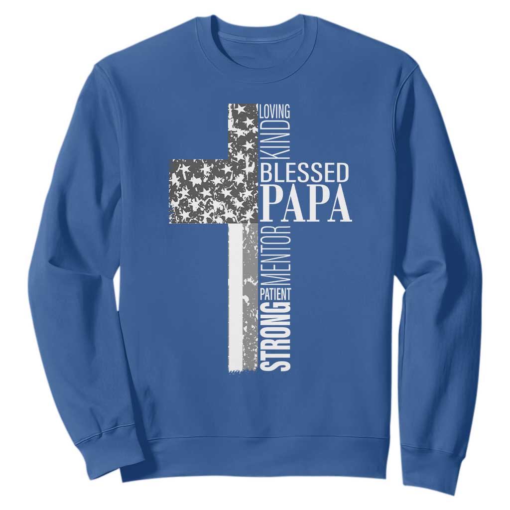 Blessed Papa Christian Cross Sweatshirt Faithful Dad Religious American Flag TS02 Royal Blue Print Your Wear
