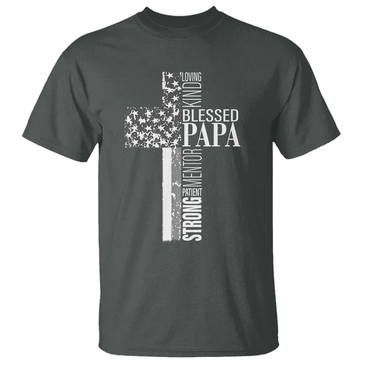 Blessed Papa Christian Cross T Shirt Faithful Dad Religious American Flag TS02 Dark Heather Print Your Wear