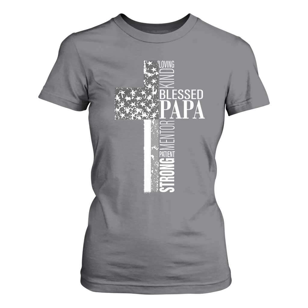 Blessed Papa Christian Cross T Shirt For Women Faithful Dad Religious American Flag TS02 Charcoal Print Your Wear