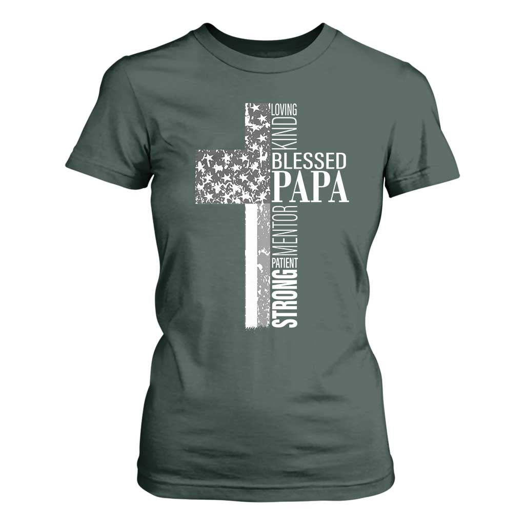 Blessed Papa Christian Cross T Shirt For Women Faithful Dad Religious American Flag TS02 Dark Forest Green Print Your Wear
