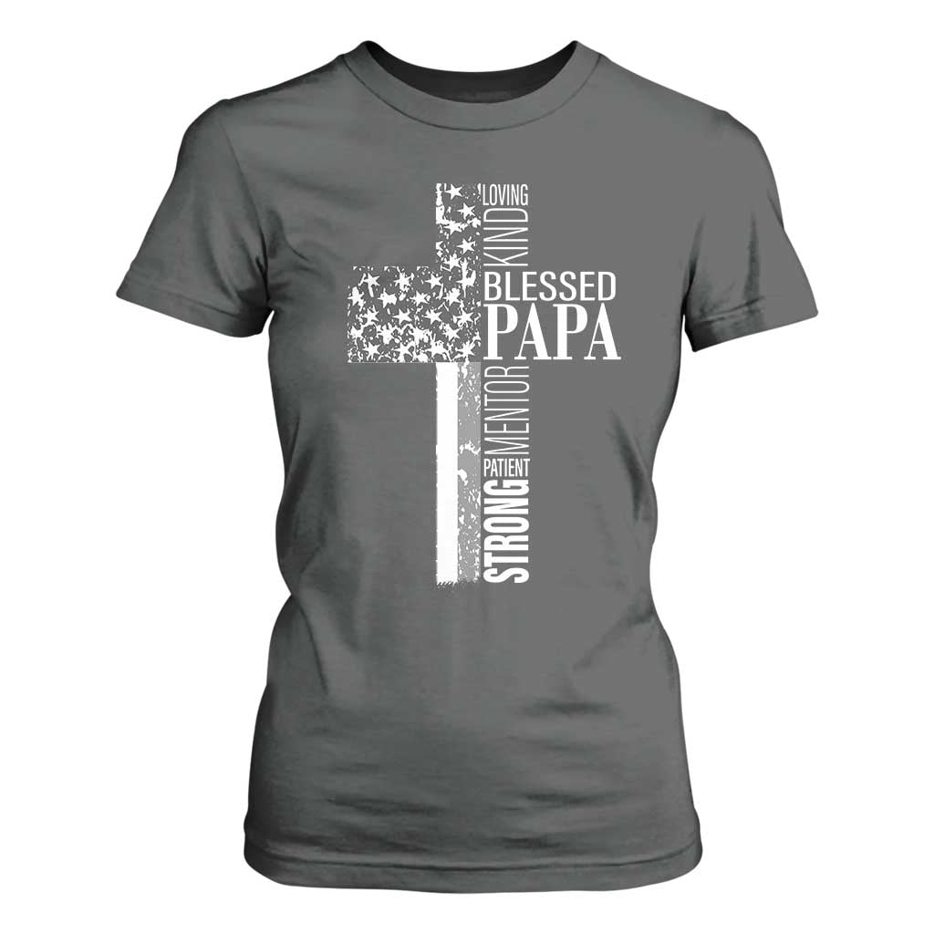 Blessed Papa Christian Cross T Shirt For Women Faithful Dad Religious American Flag TS02 Dark Heather Print Your Wear