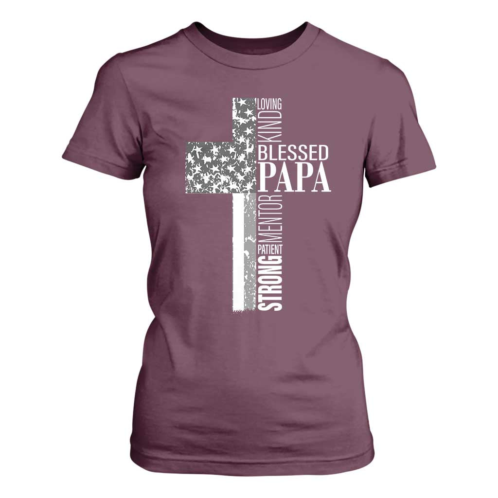 Blessed Papa Christian Cross T Shirt For Women Faithful Dad Religious American Flag TS02 Maroon Print Your Wear