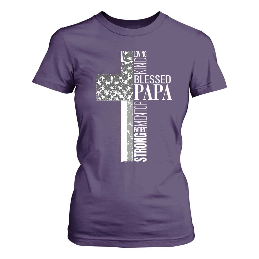 Blessed Papa Christian Cross T Shirt For Women Faithful Dad Religious American Flag TS02 Purple Print Your Wear