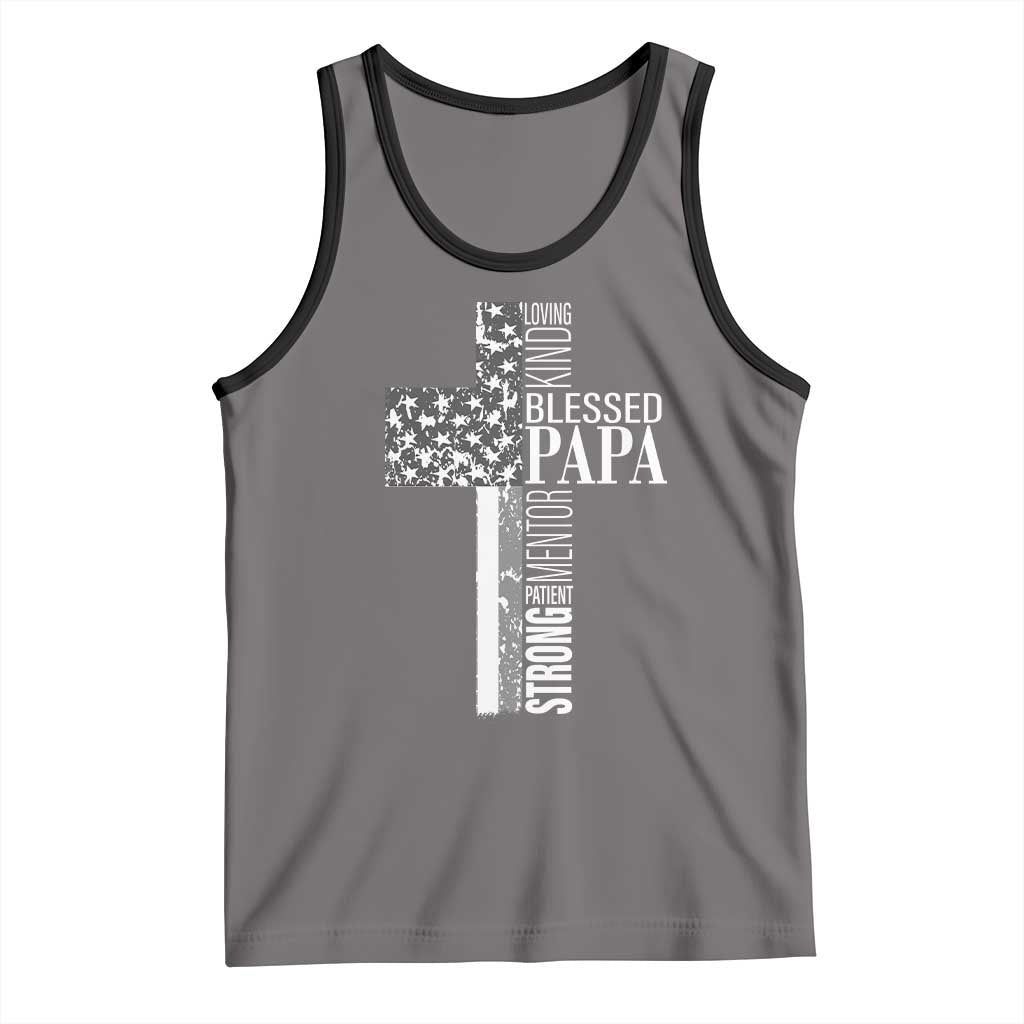 Blessed Papa Christian Cross Tank Top Faithful Dad Religious American Flag TS02 Deep Heather Black Print Your Wear
