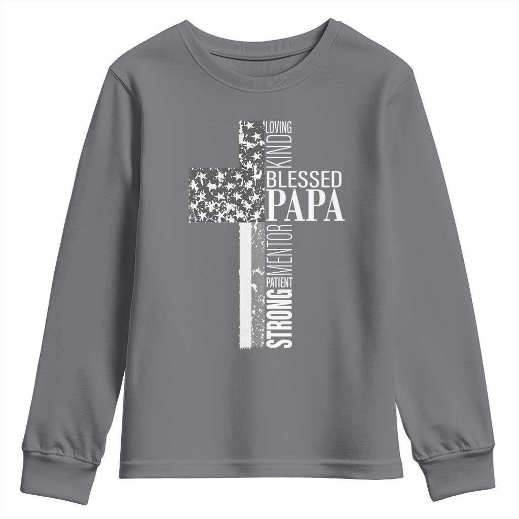 Blessed Papa Christian Cross Youth Sweatshirt Faithful Dad Religious American Flag TS02 Charcoal Print Your Wear