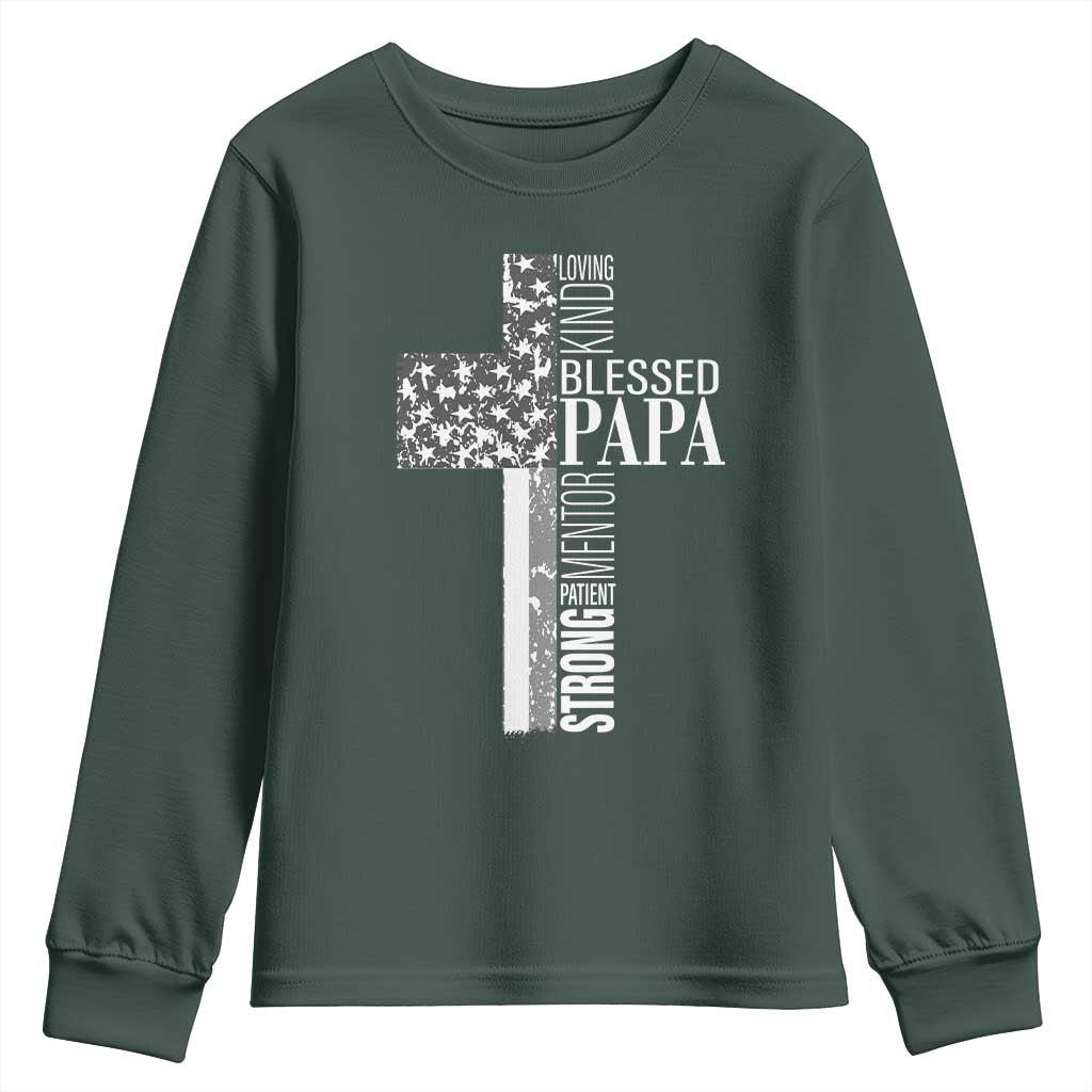 Blessed Papa Christian Cross Youth Sweatshirt Faithful Dad Religious American Flag TS02 Dark Forest Green Print Your Wear