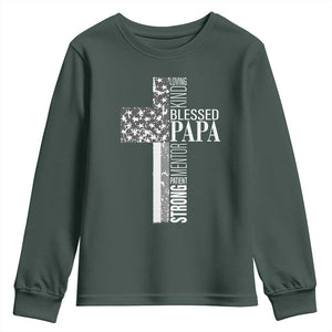 Blessed Papa Christian Cross Youth Sweatshirt Faithful Dad Religious American Flag TS02 Dark Forest Green Print Your Wear