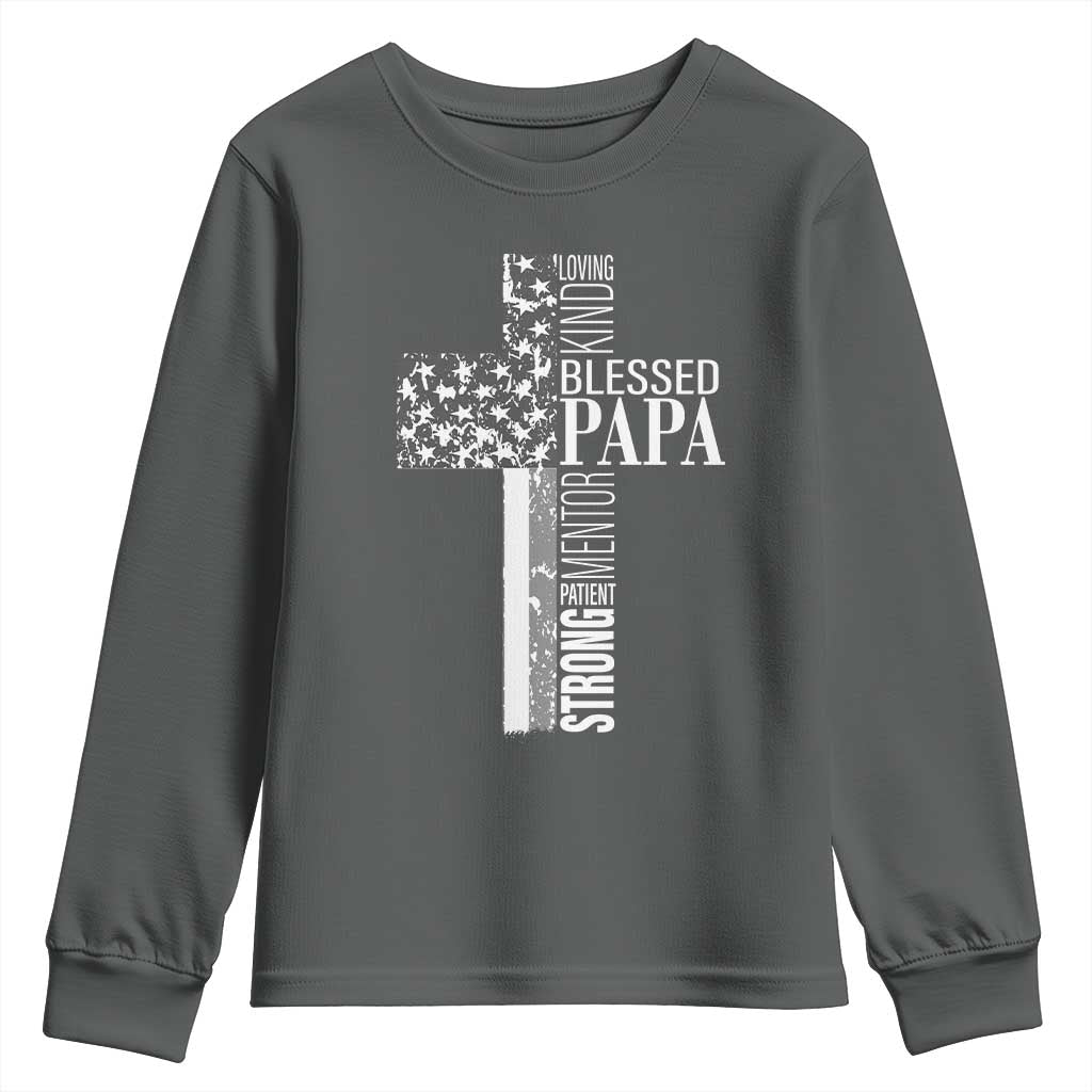 Blessed Papa Christian Cross Youth Sweatshirt Faithful Dad Religious American Flag TS02 Dark Heather Print Your Wear