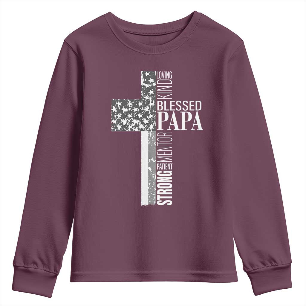 Blessed Papa Christian Cross Youth Sweatshirt Faithful Dad Religious American Flag TS02 Maroon Print Your Wear