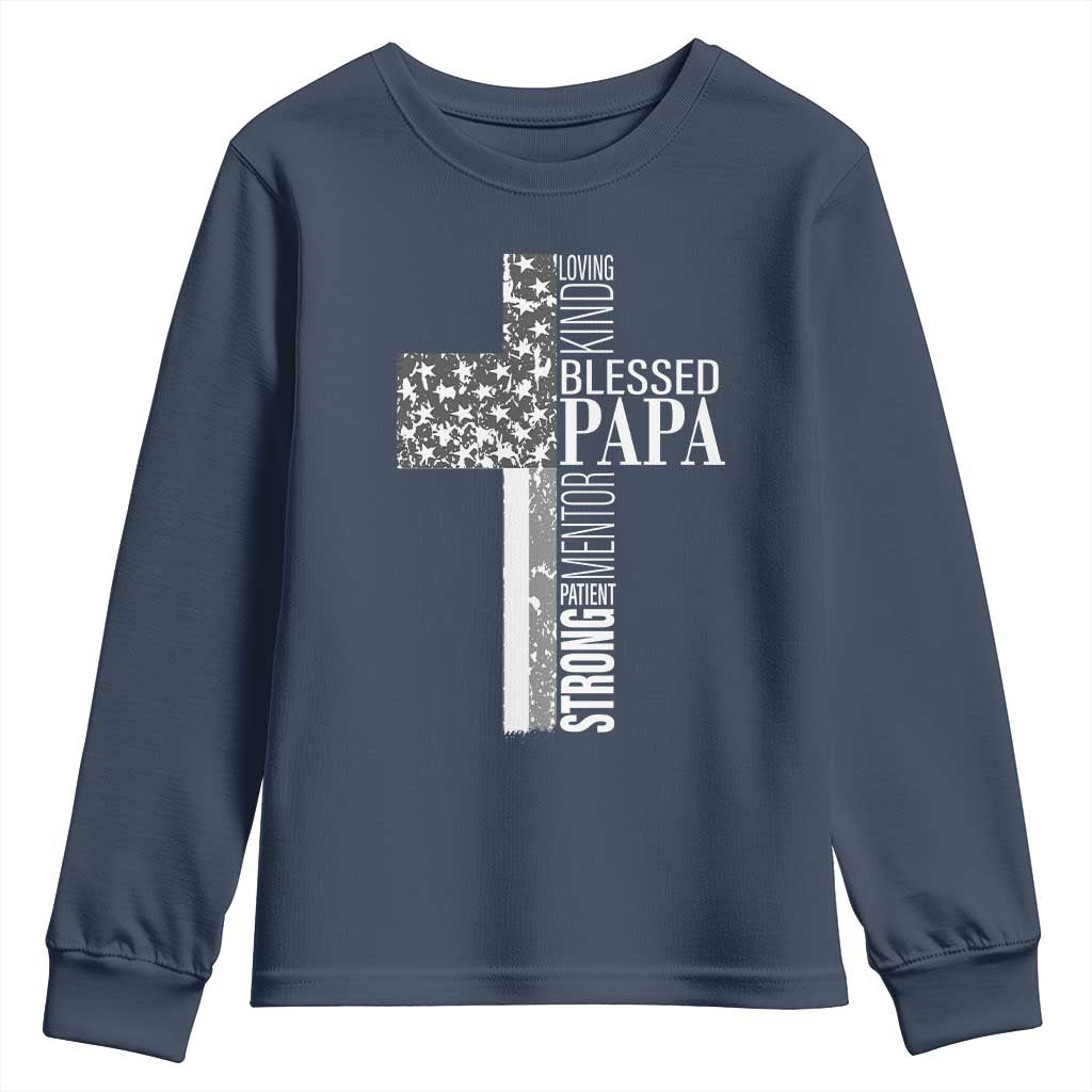Blessed Papa Christian Cross Youth Sweatshirt Faithful Dad Religious American Flag TS02 Navy Print Your Wear