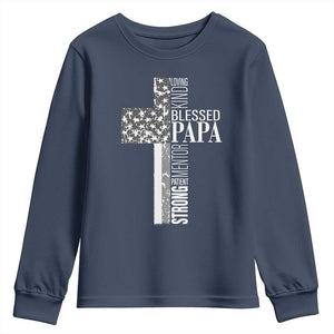 Blessed Papa Christian Cross Youth Sweatshirt Faithful Dad Religious American Flag TS02 Navy Print Your Wear
