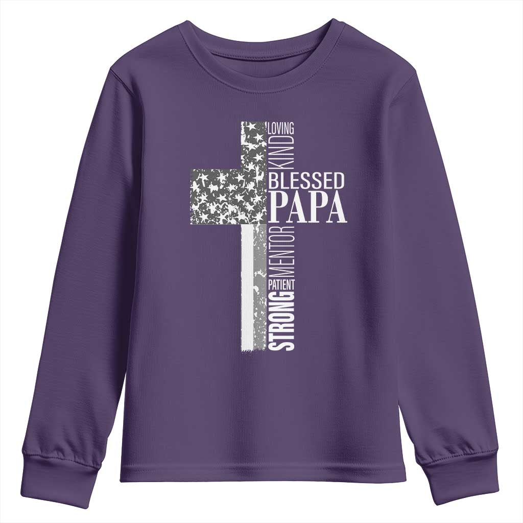 Blessed Papa Christian Cross Youth Sweatshirt Faithful Dad Religious American Flag TS02 Purple Print Your Wear
