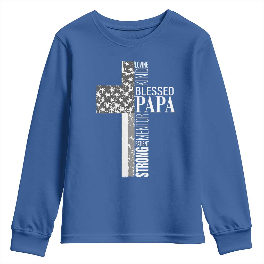 Blessed Papa Christian Cross Youth Sweatshirt Faithful Dad Religious American Flag TS02 Royal Blue Print Your Wear