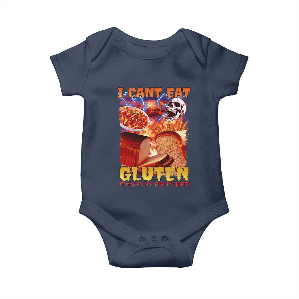Funny Gluten Intolerance Baby Onesie I Can't Eat Gluten It Makes My Tummy Hurt Skeleton Meme TS02 Navy Print Your Wear
