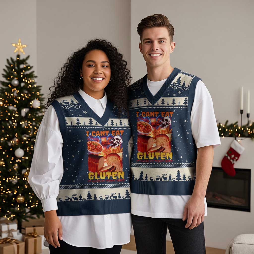 Funny Gluten Intolerance V-Neck Knit Sweater Vest I Can't Eat Gluten It Makes My Tummy Hurt Skeleton Meme TS02 Navy Beige Print Your Wear