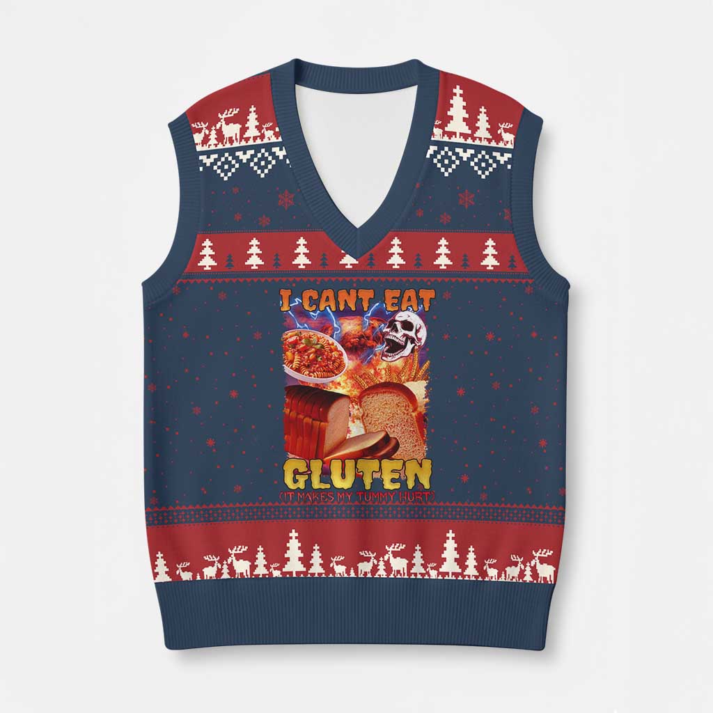 Funny Gluten Intolerance V-Neck Knit Sweater Vest I Can't Eat Gluten It Makes My Tummy Hurt Skeleton Meme TS02 Navy Red Print Your Wear